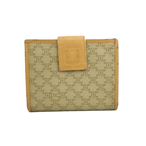 Auth. CELINE Macadam PVC Bifold Wallet Beige Brown Logo Print Canvas Leather